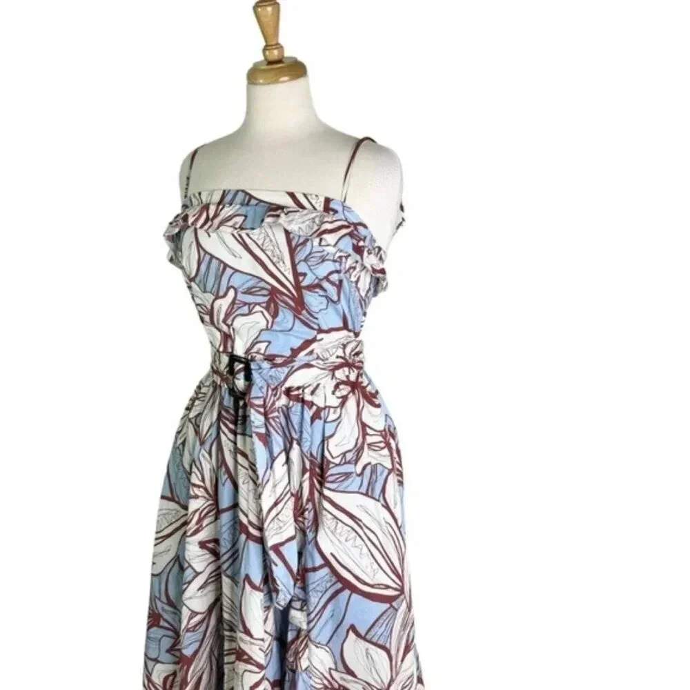 NICHOLAS Julie Cotton Floral Midi Dress Ruffle Detail and Pockets Blue Size 2